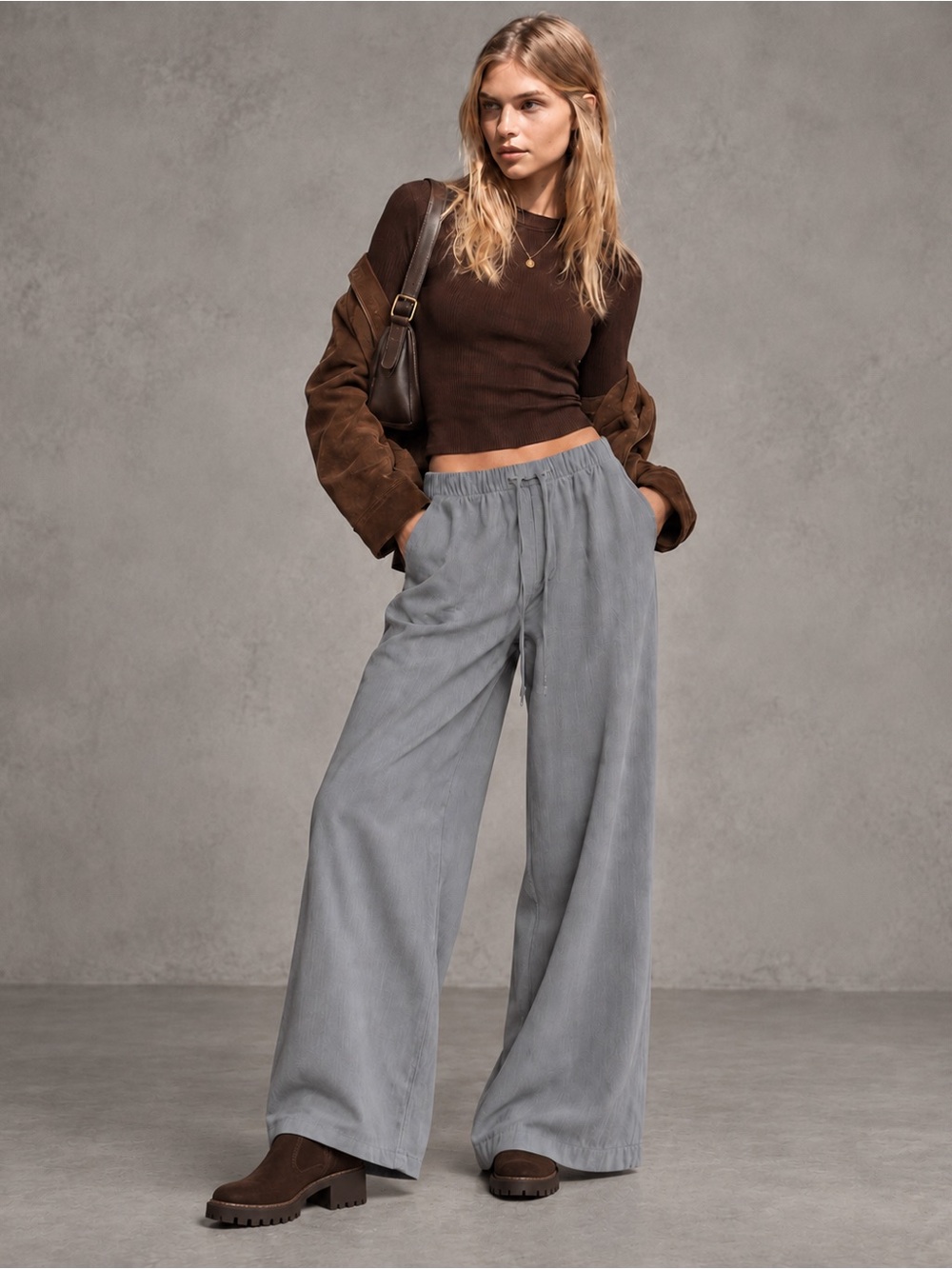 American Eagle Gray Wide Leg Drawstring Pants Pull On Casual Trousers Medium